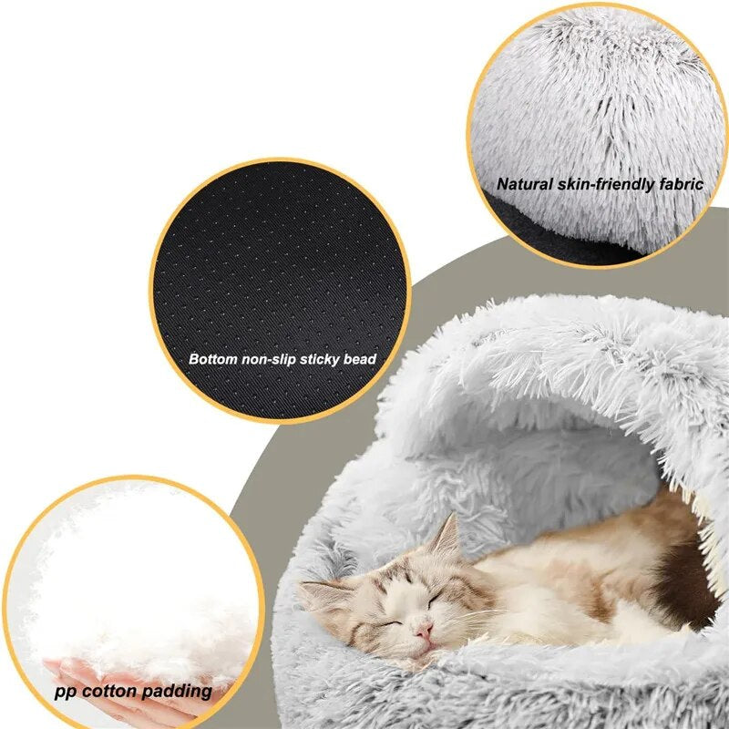 2 in 1Pet Dog Cat Bed round Plush Cat Warm Bed House Soft Long Plush Bed for Small Dogs Cats Nest Donut Warming Sleeping Bed