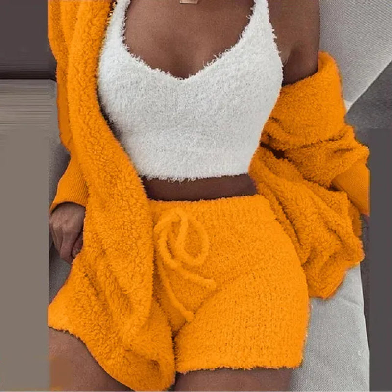 Fluffy Pajamas Set for Women Casual Sleepwear Tank Top and Shorts plus Size Hoodie Leisure Homsuit Winter 3 Pieces Pijamas