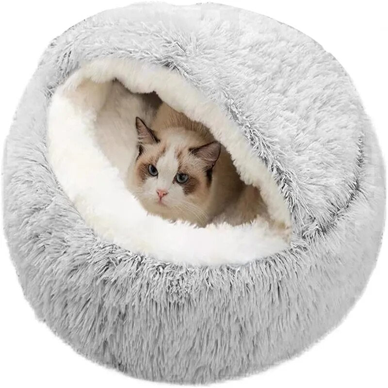 2 in 1Pet Dog Cat Bed round Plush Cat Warm Bed House Soft Long Plush Bed for Small Dogs Cats Nest Donut Warming Sleeping Bed