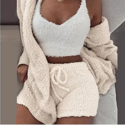 Fluffy Pajamas Set for Women Casual Sleepwear Tank Top and Shorts plus Size Hoodie Leisure Homsuit Winter 3 Pieces Pijamas